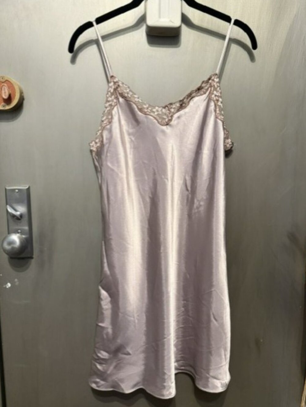 Vintage Champagne Satin Chemise / Slip Dress with lace neckline